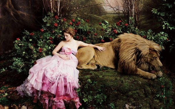 Celebrity Drew Barrymore Photoshop Lion Forest Pink Dress Manipulation HD Wallpaper | Background Image