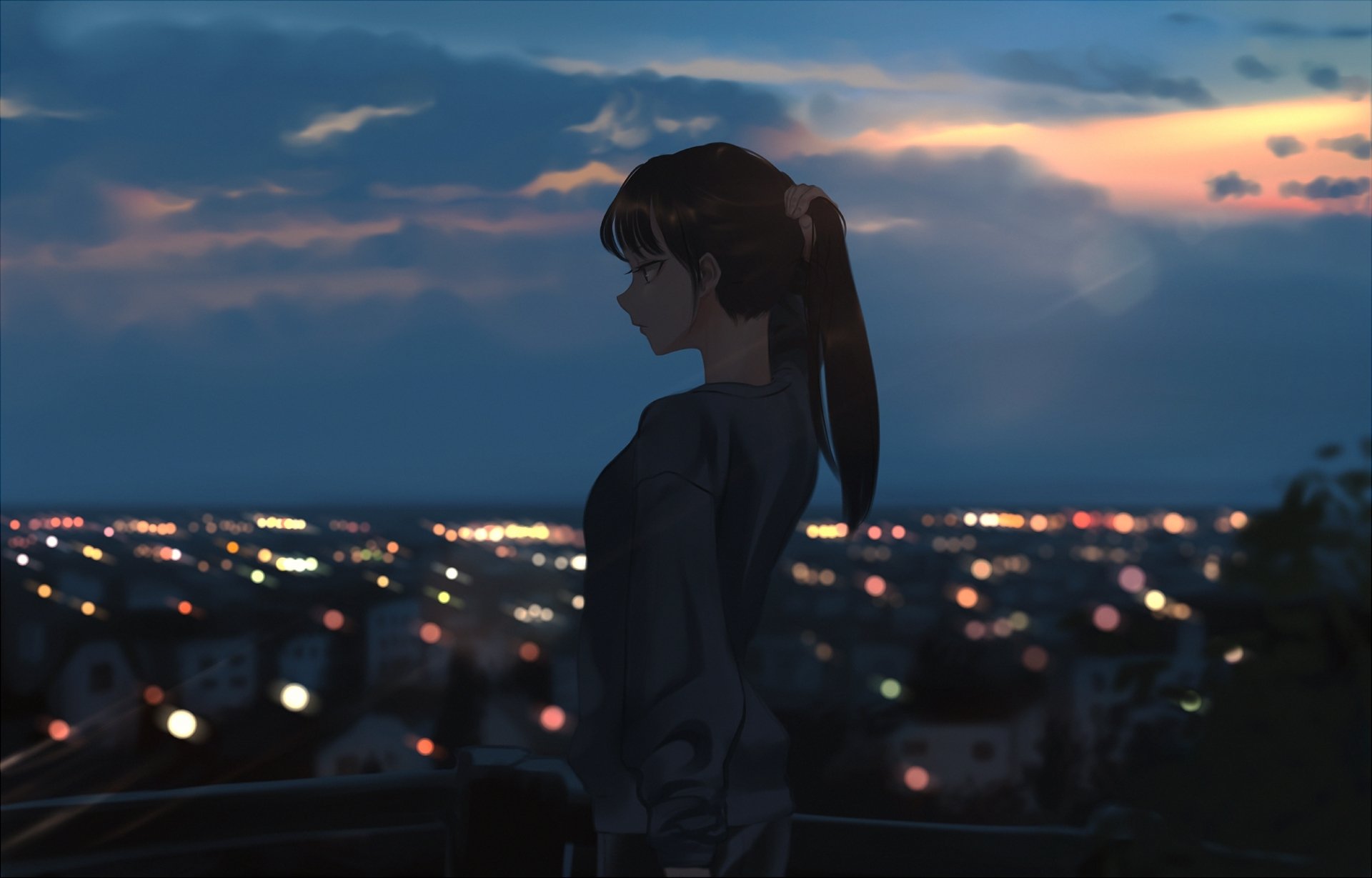 HD anime wallpaper featuring an original character with a ponytail overlooking a city at dusk, with colorful lights illuminating the scene against a twilight sky.