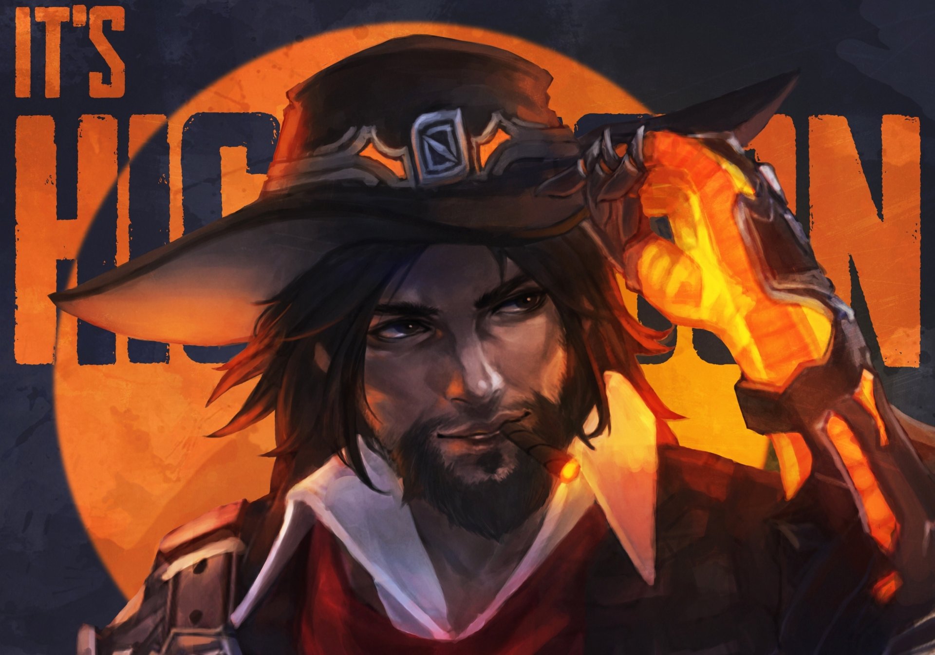 HD desktop wallpaper of McCree from Overwatch in a Halloween-themed design, featuring his signature hat and a glowing orange background.