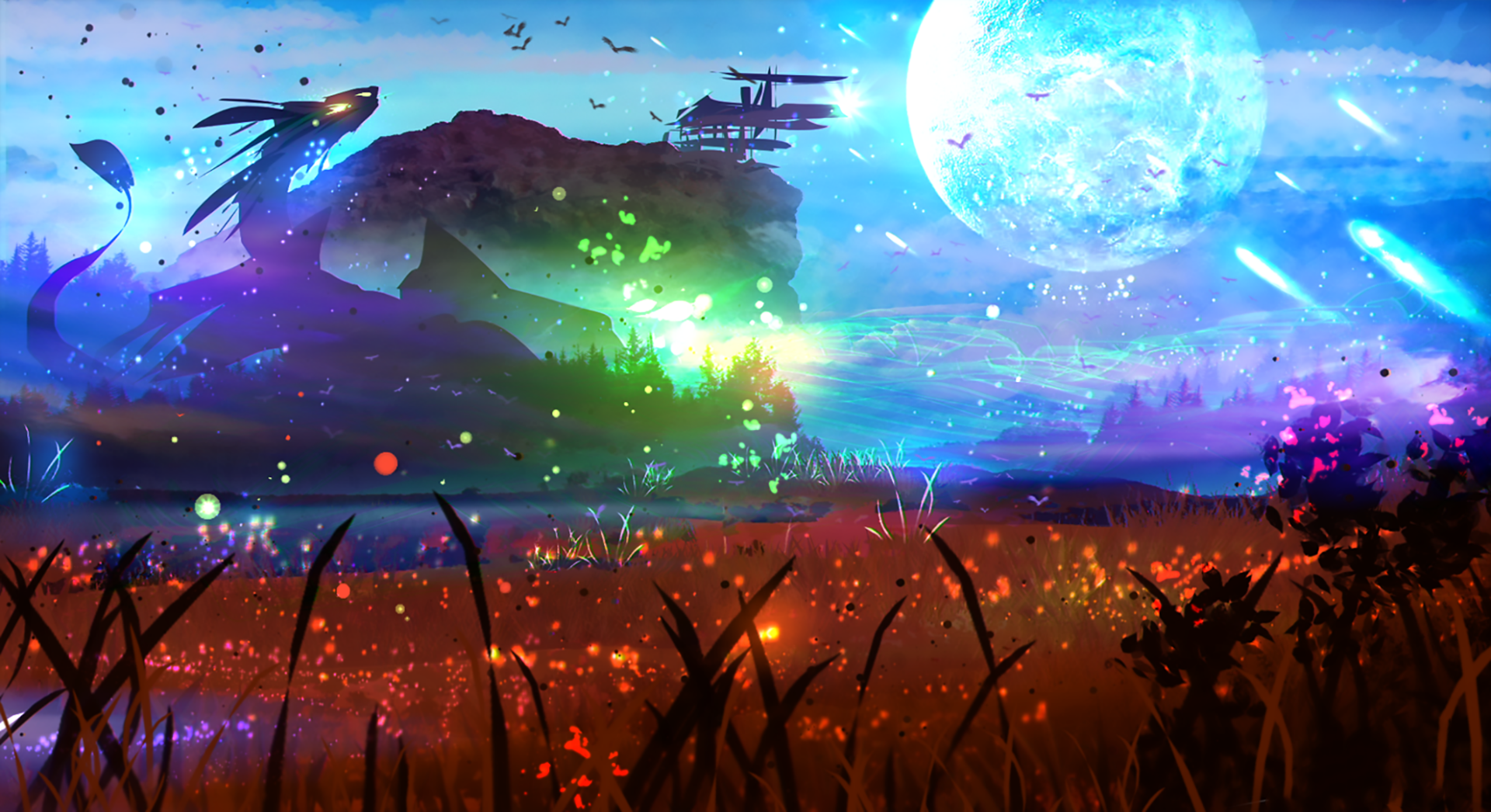 HD anime wallpaper featuring an original, vibrant landscape with a glowing moon, colorful skies, and a mystical structure on a hill.