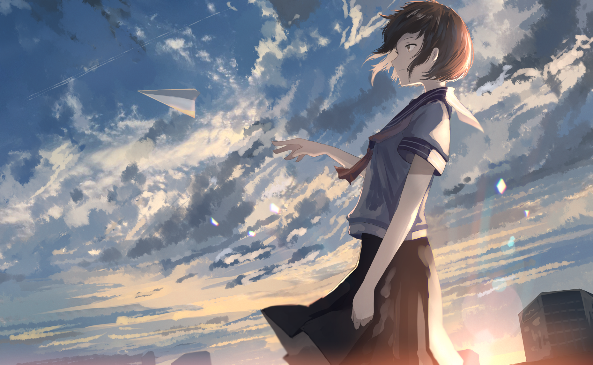 HD Anime desktop wallpaper depicting a girl in a school uniform releasing a paper airplane against a vibrant sky filled with clouds and soft sunlight.