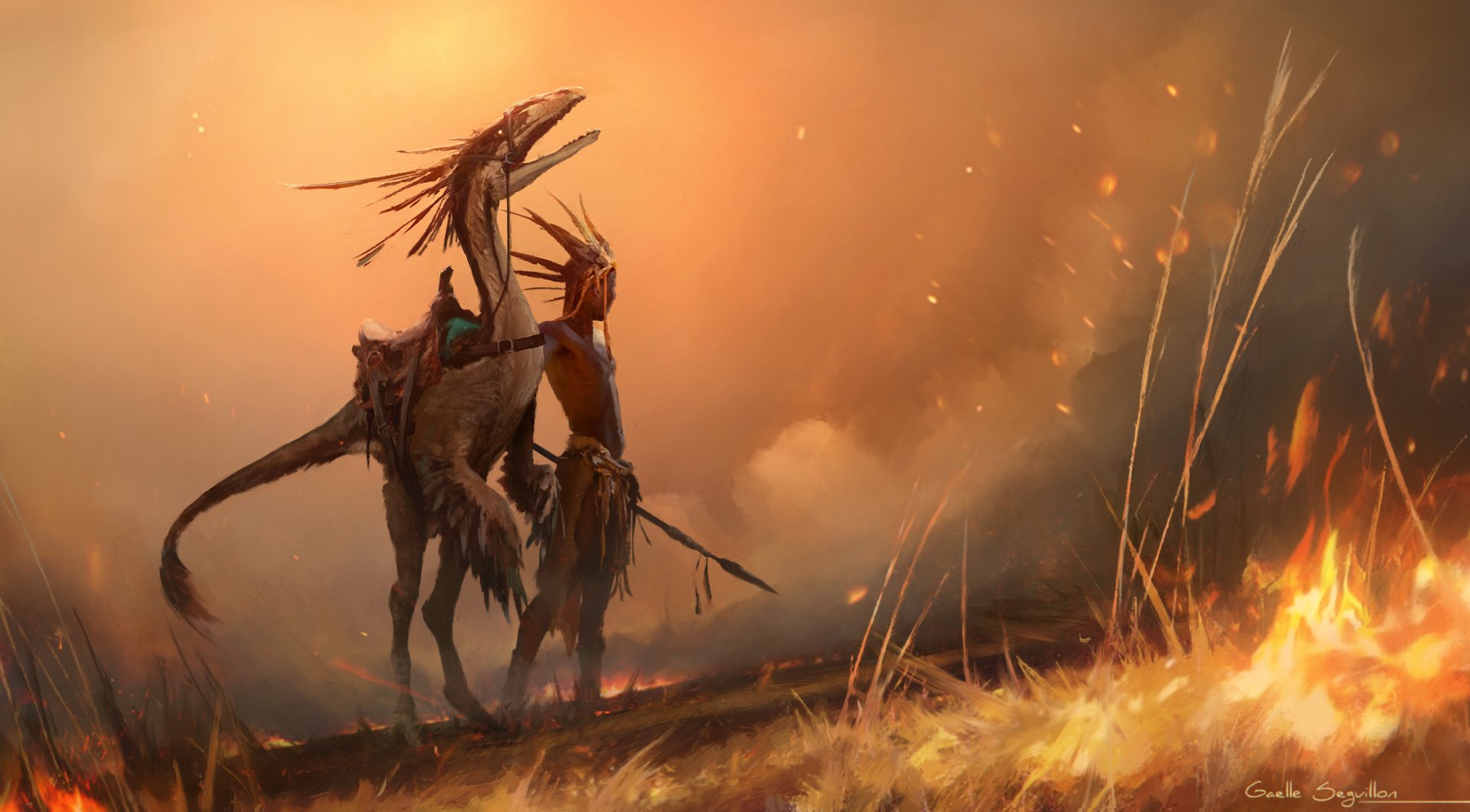 HD fantasy warrior and dragon standing amidst fire and smoke, captured in a dramatic, fiery battlefield scene for a striking PC desktop wallpaper.
