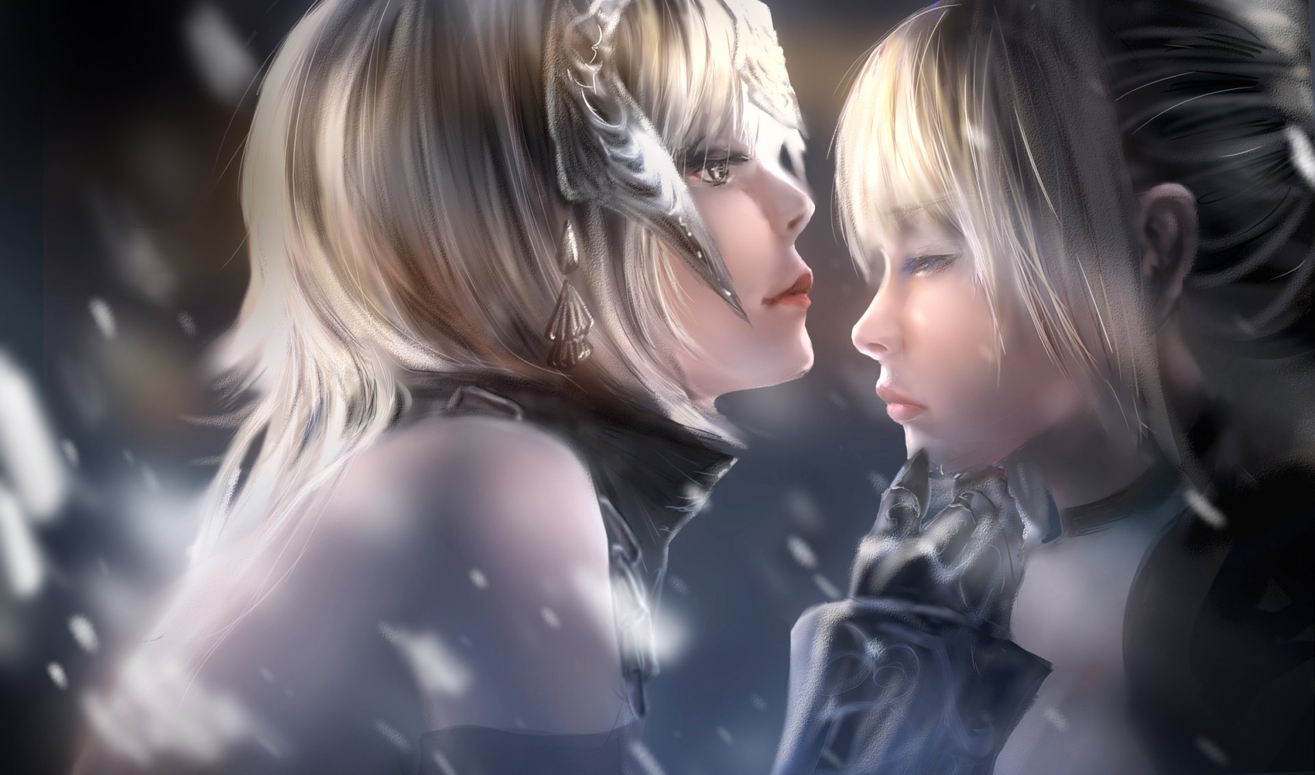 HD desktop wallpaper featuring Artoria Pendragon and Jeanne d'Arc from the Fate Series. The anime characters have short, white-blonde hair and yellow eyes, set against a soft, blurry background.
