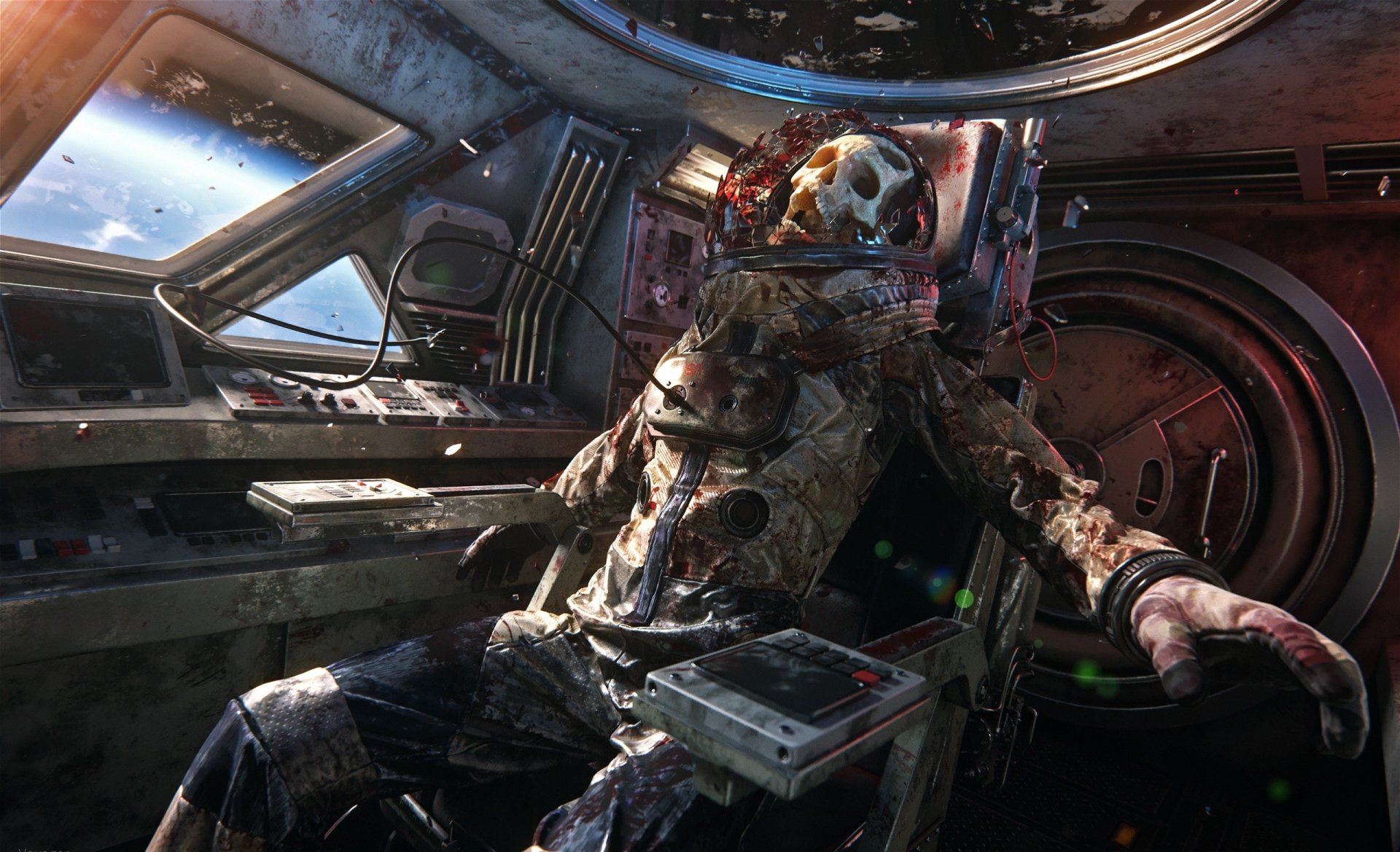 A HD Sci-Fi desktop wallpaper featuring an astronaut with a skull in a damaged space suit, seated in a spacecraft cockpit against the backdrop of space.