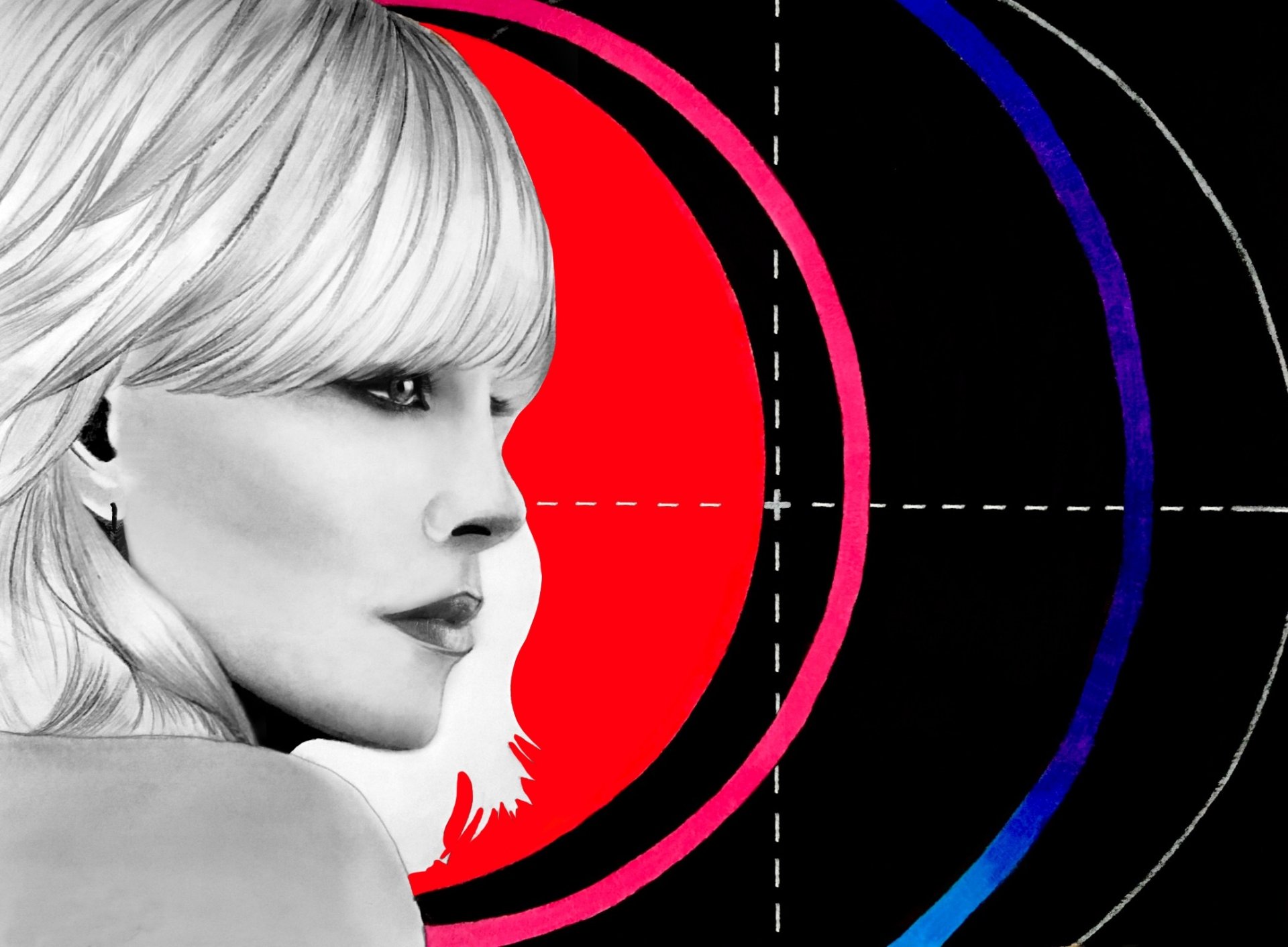 HD desktop wallpaper featuring a stylized black-and-white portrait of Charlize Theron from the movie Atomic Blonde, set against a bold red and black graphic background.