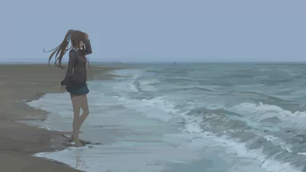 HD wallpaper featuring Monika from the video game Doki Doki Literature Club!, standing by the shore, gazing at the sea under a serene, cloudy sky.