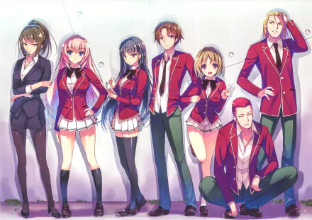 HD desktop wallpaper featuring characters Ken Sudō, Kikyō Kushida, Rokusuke Kōenji, Honami Ichinose, Suzune Horikita, Sae Chabashira, Kiyotaka Ayanokōji from the anime Classroom of the Elite.
