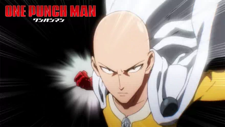 HD anime desktop wallpaper featuring Saitama from One-Punch Man in a dynamic pose with the series logo in bold red text.