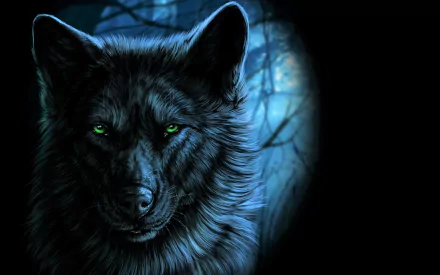 A high-definition desktop wallpaper featuring a wolf with striking green eyes set against a dark, mystical forest background.