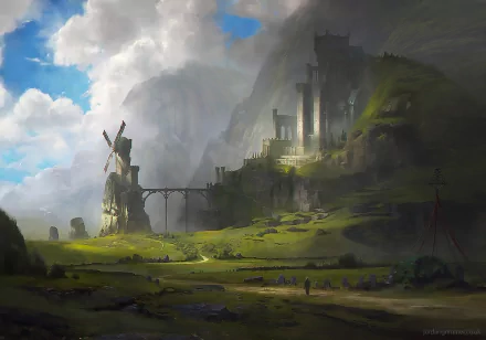 A fantasy landscape featuring a misty castle on a hill, a windmill, and a stone bridge under a dramatic sky, rendered in vivid detail as an HD PC desktop wallpaper.