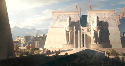 HD PC desktop wallpaper featuring an ancient Egyptian temple scene from the video game Assassin's Creed Origins, showcasing detailed statues and a warm, sunlit atmosphere.