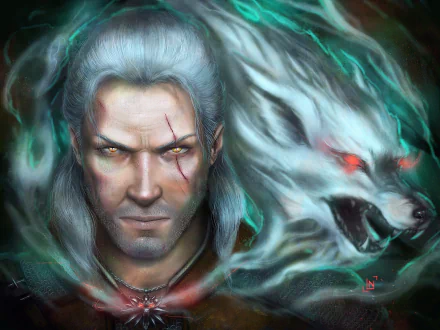 HD desktop wallpaper featuring Geralt of Rivia from The Witcher video game series. Geralt has white hair, yellow eyes, and a scarred face. He is portrayed with a fierce, ghostly wolf spirit beside him.