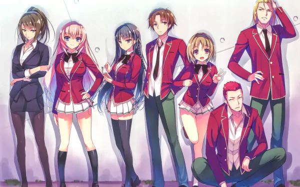 HD desktop wallpaper featuring characters Ken Sudō, Kikyō Kushida, Rokusuke Kōenji, Honami Ichinose, Suzune Horikita, Sae Chabashira, Kiyotaka Ayanokōji from the anime Classroom of the Elite.
