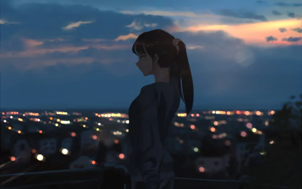 HD anime wallpaper featuring an original character with a ponytail overlooking a city at dusk, with colorful lights illuminating the scene against a twilight sky.