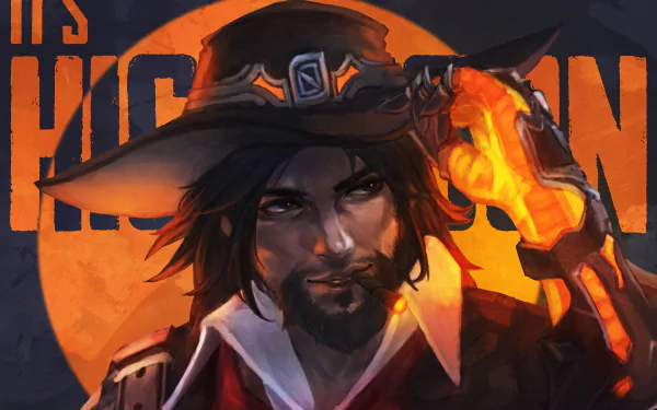 HD desktop wallpaper of McCree from Overwatch in a Halloween-themed design, featuring his signature hat and a glowing orange background.