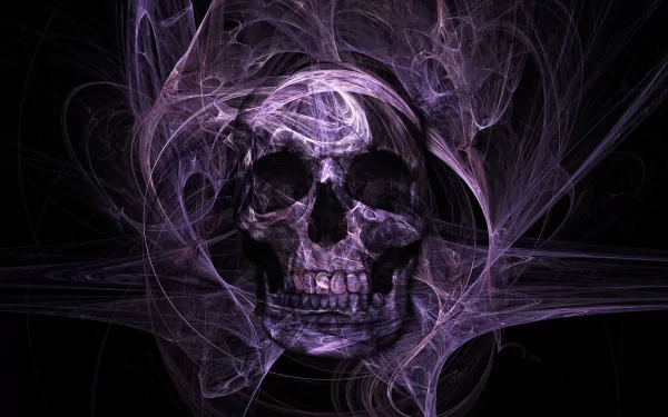 HD desktop wallpaper featuring a dark, purple-hued skull with ethereal, swirling wisps creating a haunting and mysterious background.