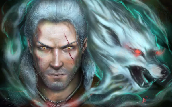HD desktop wallpaper featuring Geralt of Rivia from The Witcher video game series. Geralt has white hair, yellow eyes, and a scarred face. He is portrayed with a fierce, ghostly wolf spirit beside him.