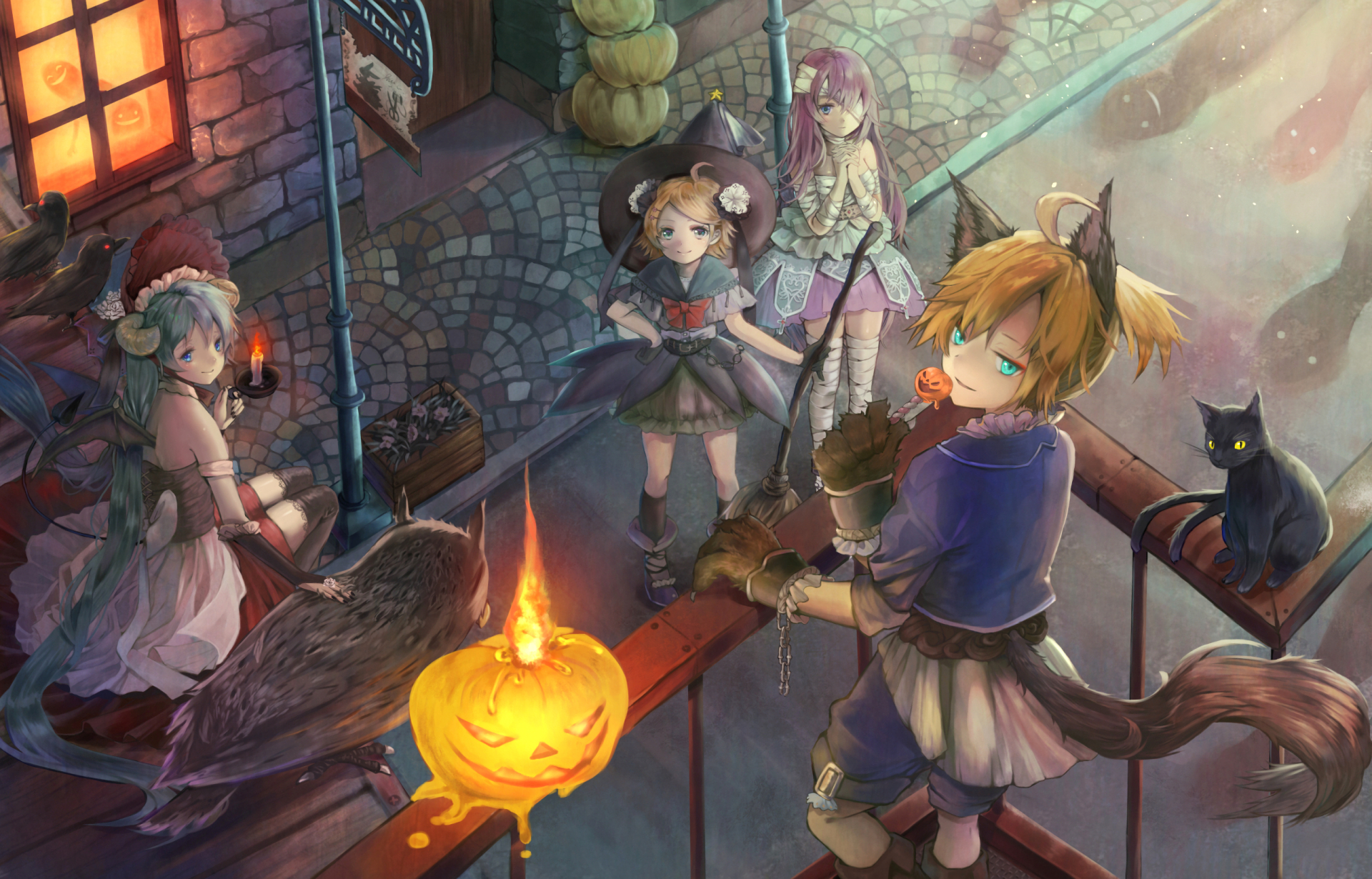HD desktop wallpaper featuring Len Kagamine, Rin Kagamine, Luka Megurine, and Hatsune Miku from Vocaloid in an anime-style Halloween scene.