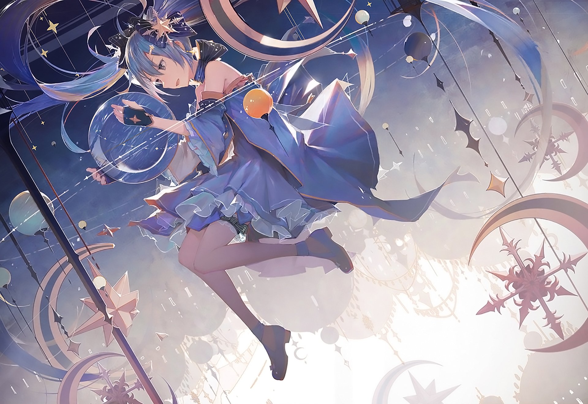 HD desktop wallpaper featuring Hatsune Miku in an anime-style Vocaloid design, set against a celestial background with stars and abstract motifs.