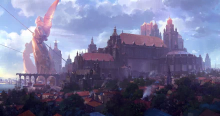 HD PC desktop wallpaper and background: sprawling fantasy city with cathedral spires, arched bridges and a giant statue beneath dramatic clouds, warm rooftops and mist-wreathed streets.