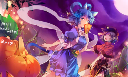 Touhou HD PC wallpaper: Yoshika Miyako (blue-haired, cat-eared) and Seiga Kaku in Halloween attire under a moonlit purple sky, pumpkins and vibrant anime background.