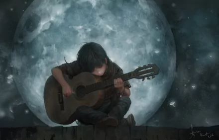 A little boy playing guitar under a glowing full moon at night, captured in an artistic HD desktop wallpaper.