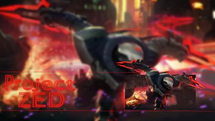 HD PC desktop wallpaper of Zed (League of Legends) — Project skin armored ninja with red neon blades leaping through a blurred cyberpunk cityscape. Video game background.