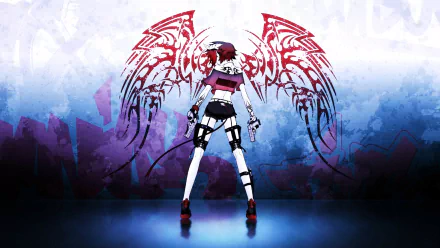 HD anime original artwork features a character with mechanical wings and futuristic armor standing against a vibrant, abstract blue and purple background as a desktop wallpaper.