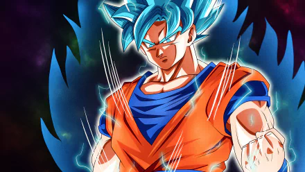 Anime-style 4K Ultra HD Dragon Ball Super wallpaper featuring a fierce Goku with blue hair and glowing energy aura on a dark, dynamic background.