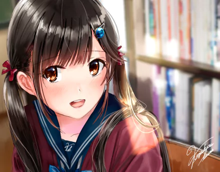 HD desktop wallpaper of an anime schoolgirl with long dark hair, brown eyes, and a school uniform, set against a background of a bookshelf in a well-lit room.