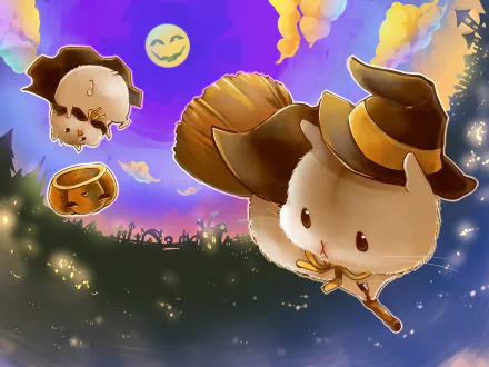 HD anime-style desktop wallpaper featuring a hamster dressed as a witch flying on a broomstick, a pumpkin, and a smiling moon, inspired by Poro from League of Legends.