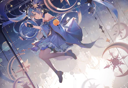 HD desktop wallpaper featuring Hatsune Miku in an anime-style Vocaloid design, set against a celestial background with stars and abstract motifs.