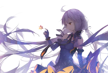 HD anime desktop wallpaper featuring Stardust from Vocaloid with flowing purple hair and a star gently held in her hand against a light background.