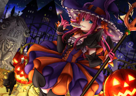 Anime character Elizabeth Bathory from Fate/Grand Order in a Halloween scene, dressed as a witch with a trident. Surroundings include a graveyard, pumpkins, and a black cat. HD desktop wallpaper and background.
