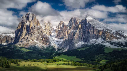 HD landscape wallpaper featuring a majestic mountain peak under a partly cloudy sky, surrounded by lush greenery.