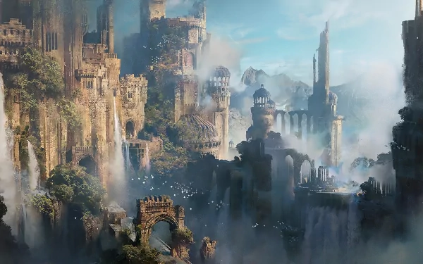 A stunning HD fantasy landscape featuring majestic ruins, cascading waterfalls, and lush greenery, creating a mystical and enchanting atmosphere for a desktop wallpaper.