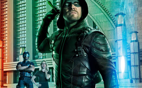 HD desktop wallpaper featuring Stephen Amell as Green Arrow, with John Diggle and Felicity Smoak from the Arrow TV show in a dynamic city backdrop.