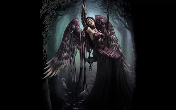A gothic fantasy HD desktop wallpaper featuring an angel with purple feathers on a swing, set against a dark, mystical forest background.