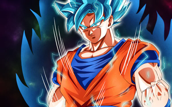 Anime-style 4K Ultra HD Dragon Ball Super wallpaper featuring a fierce Goku with blue hair and glowing energy aura on a dark, dynamic background.