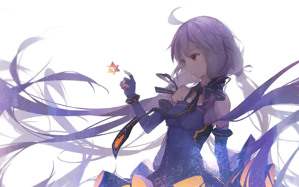HD anime desktop wallpaper featuring Stardust from Vocaloid with flowing purple hair and a star gently held in her hand against a light background.