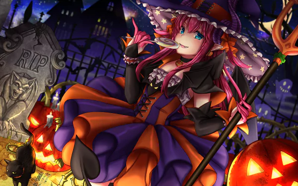 Anime character Elizabeth Bathory from Fate/Grand Order in a Halloween scene, dressed as a witch with a trident. Surroundings include a graveyard, pumpkins, and a black cat. HD desktop wallpaper and background.