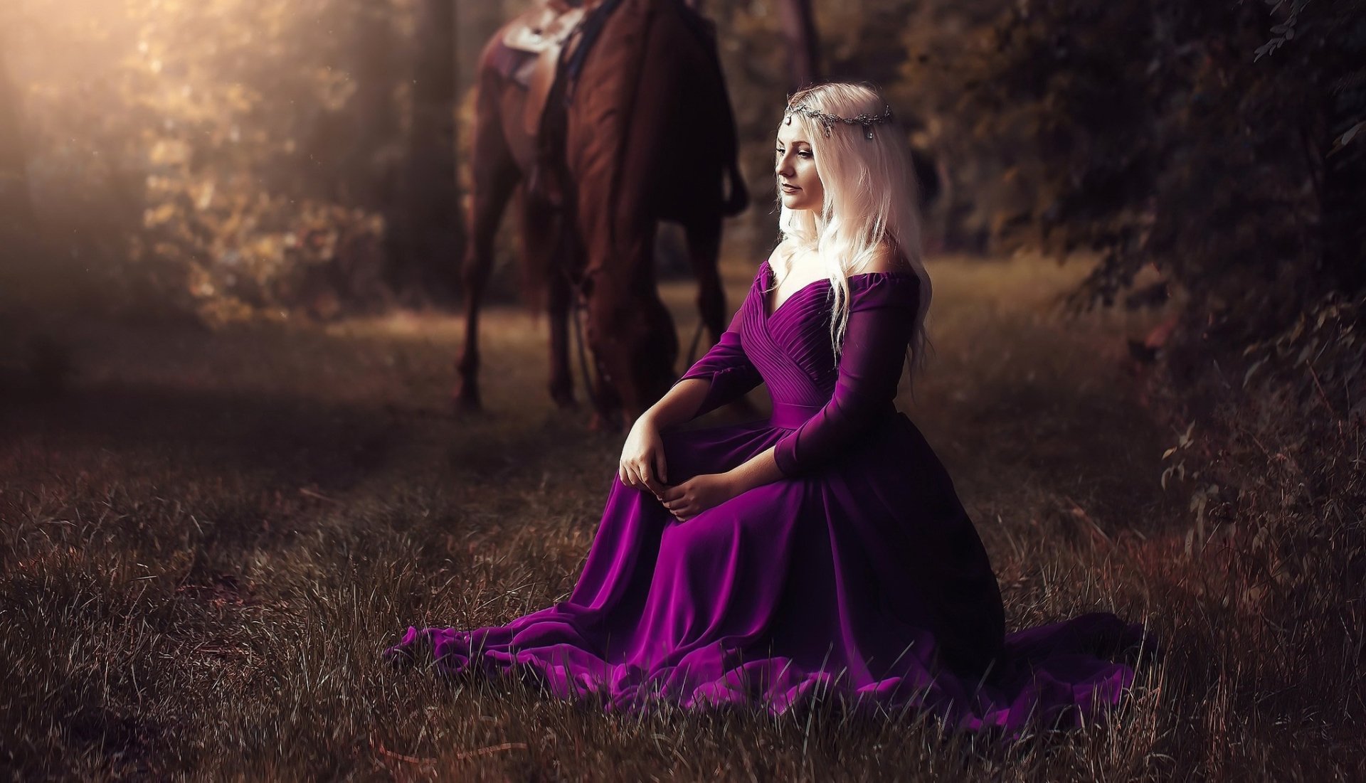 Download Purple Dress Depth Of Field Blonde Horse Woman Model HD Wallpaper
