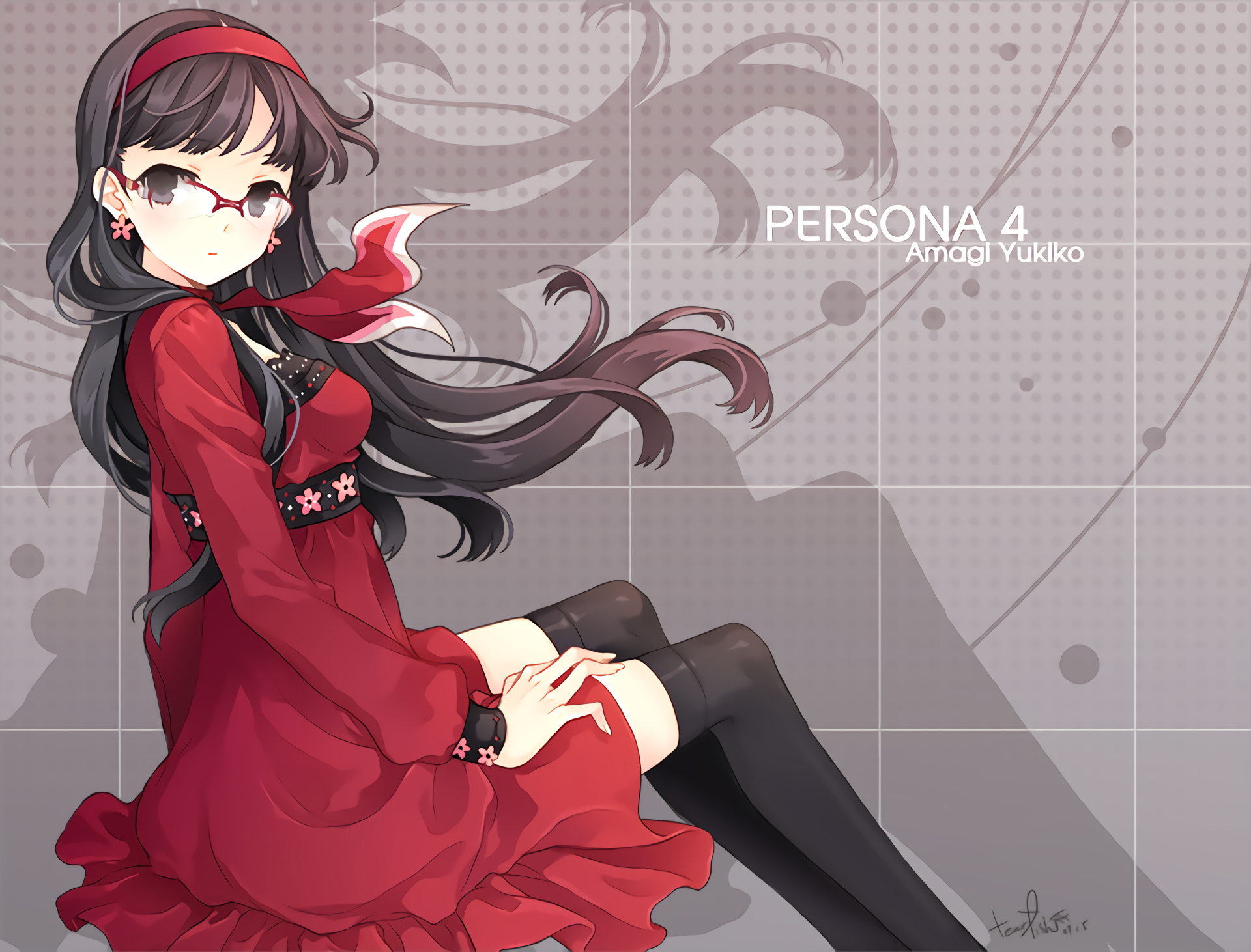 2K Quad HD PC desktop wallpaper/background: anime-style portrait of Persona 4's Amagi Yukiko in a red dress against a muted, patterned gray backdrop.