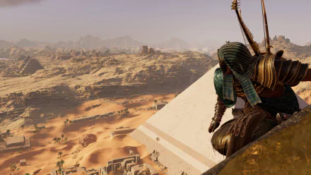 HD PC wallpaper featuring a desert landscape with pyramids in Egypt from the video game Assassin's Creed Origins.