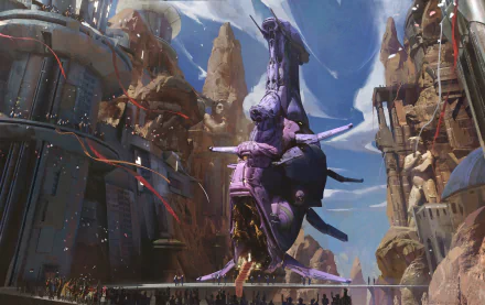 A vibrant sci-fi city scene featuring futuristic statues, flying aircraft, and a crowd of people celebrating under a bright sky.