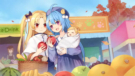 HD PC desktop wallpaper of Azur Lane characters Cleveland and Helena—two anime girls sharing apples at a colorful outdoor market, Helena cradling a baby amid crates of fruit and autumn trees.