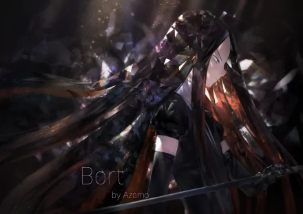 HD desktop wallpaper of Bort from the anime Houseki no Kuni, showcasing the character with long, flowing dark hair and a sword, set against a dramatic and dark background.