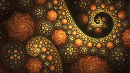 HD PC desktop wallpaper background: abstract fractal swirl of nested circles and repeating patterns in warm golden-green hues, textured orbs forming intricate spiral motifs.