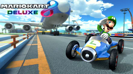 HD wallpaper featuring Luigi from Mario Kart 8 Deluxe, shown driving his kart on an airport runway with a large airplane in the background. The game's logo appears in the top left corner.