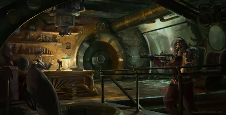 HD PC desktop wallpaper depicting a steampunk sci-fi scene with a tense standoff inside an industrial, gear-filled underground chamber.